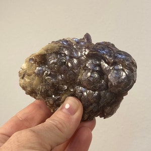 Könnte beinhalten: Ein Cluster aus schillernden violetten und braunen Glimmerkristallen, auch bekannt als Lepidolith, in einer Hand.