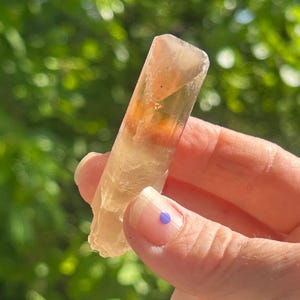 Può includere: Un cristallo traslucido di colore chiaro con sfumature arancioni e gialle. Il cristallo è tenuto in mano su uno sfondo verde sfocato di fogliame. Il cristallo ha una forma allungata e rettangolare.