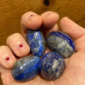May include: Five smooth, oval-shaped lapis lazuli stones in various shades of blue with white and black marbling. The stones are held in a hand.