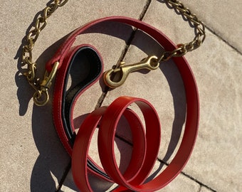 Leather Show Leash | Red Leather Lead with Solid Brass Chain and Padded hand Grip | Brass show leash | Dog Leather Leash