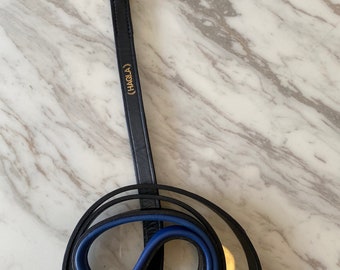 Black Leather Lead with Solid Brass Hook and Blue Padded Hand Grip in Sheep Leather | Dog Show Lead