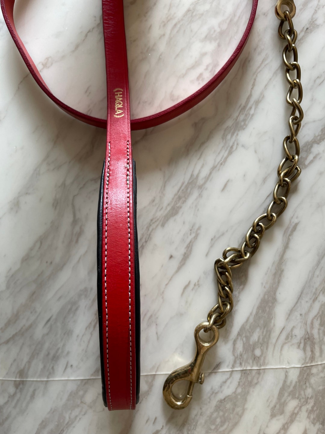 Dog Show Leash Red and Black Leather Lead With 15 Solid Brass Chain and Padded Hand Grip Dog