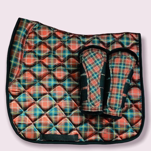 Red Tartan All Purpose English Saddle Pad Set with Matching Brushing  Boots | Dressage Saddle Pad Set