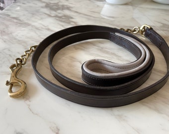 Black and Beige Leather Leash with 15" Solid Brass chain and Padded hand Grip | Dog Show Lead