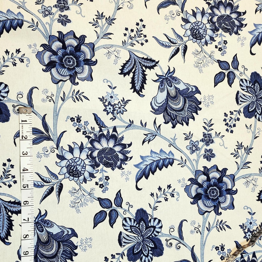 Blue and White Floral Fabric – Half Yard Cut – Upholstery or Craft Home ...