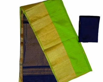 Pure Handloom Soft Silk Kanchivaram Saree in Parrot Green with Leaf motif and Golden Tissue Border and Navy Blue Pallu
