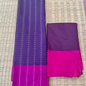 Purple Arani Pattu Saree: Halb-Seide mit rosa Rand, genähte Bluse (Größe 40-46)