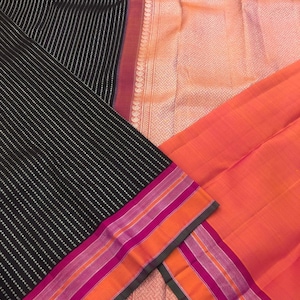 KSS309 Pure Kanjivaram Korvai Silk Saree In Dark Brown. Fall Peco done. Comes w/ stitched blouse size: 38 to 46. SILK MARK CERTIFIED