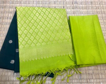 kss330 pure kanjivaram soft silk saree in green w/ green border. fall peco. stitched blouse size: 38 - 46. silk mark certified