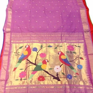 Beautiful Handwoven Cotton Purple Paithani Saree with Parrot, Swan, and Lotus motif on Pallu with matching stitched blouse