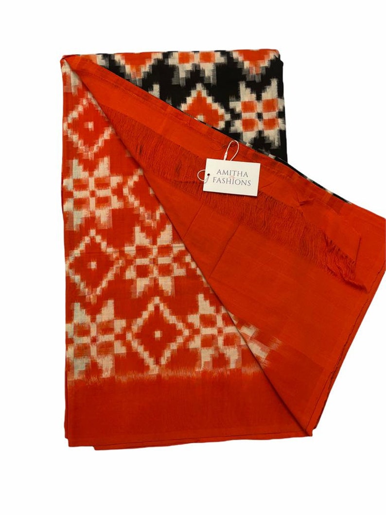 TRC2 - Double Ikkat Telia Rumal Handwoven Designer Cotton Saree in Red/Black (with Blouse) main image 0
