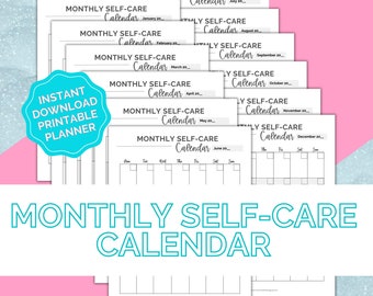 May include: A set of 12 printable monthly self-care calendars. Each calendar features a simple design with a blank grid for each month of the year. The calendars are designed to help you prioritise self-care and track your progress.
