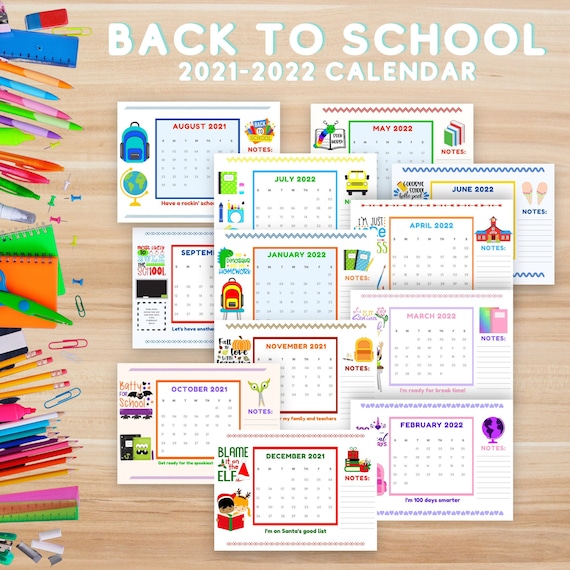 Back to School Calendar Printable for Kids Year 2021-2022 - Etsy