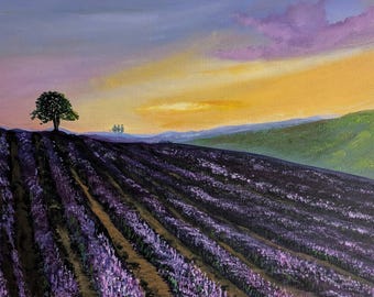 May include: A painting of a lavender field at sunset. The field is in rows and the lavender is a deep purple color. There is a single tree in the foreground and a line of trees in the distance. The sky is a mix of purple, orange, and yellow.