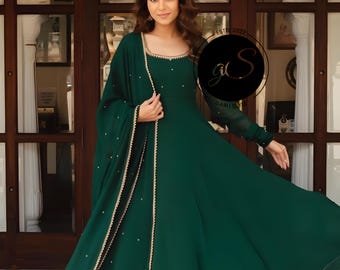 Bottle green Anarkali Gown Party Wear Hand embroidery work Wedding Suit for Woman&#39;s Custom Stitched Designer Indian Long Dress for Girls