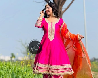 Handmade Rani Pink Silk Anarkali Suit: Indian Festive Dress with Organza Dupatta