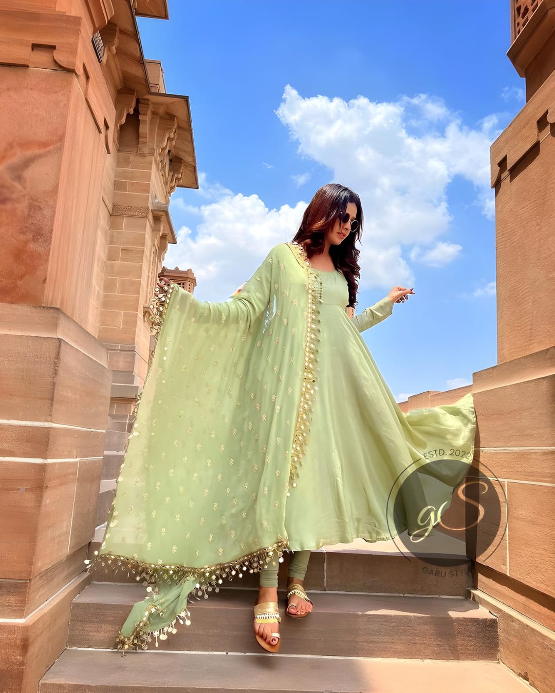 slim fit dress slacks Buy Light Green Embroidery Festive Anarkali Suit Online main image 1
