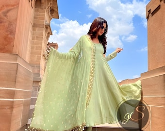 Anarkali Gown Party Wear yellowish green mirror lace dupatta Wedding Suit for Woman&#39;s Custom Stitched Designer Indian Long Dress for Girls