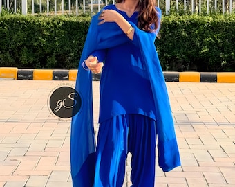Blue Punjabi Patiala Suit: Custom Stitched Crepe Silk Salwar Kameez