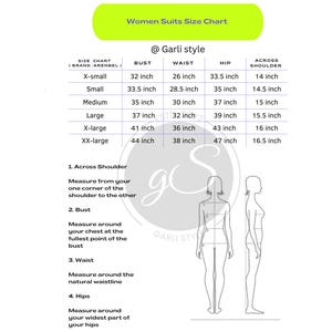 May include: Women's suits size chart by Garli style, with bust, waist, hip, and shoulder measurements in inches. Includes X-small to XX-large sizes. Features illustrations of women and measurement instructions.