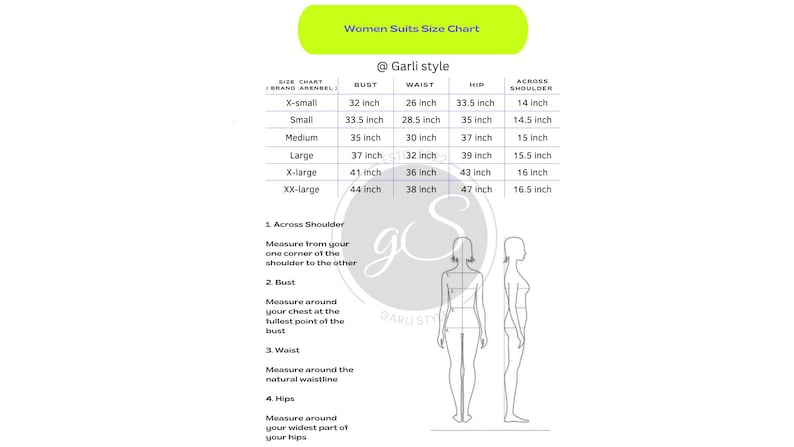 May include: Women's suits size chart by Garli style, with bust, waist, hip, and shoulder measurements in inches. Includes X-small to XX-large sizes. Features illustrations of women and measurement instructions.
