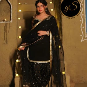 Handmade Black Silk Salwar Kameez: Punjabi Suit with Heavy Dupatta