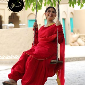 Handmade Venetian Red Punjabi Suit: Silk Patiala Salwar Kameez
