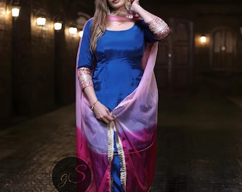 Handgemaakt zijden Punjabi Salwar Kameez: koningsblauw en roze kanten pak