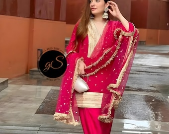 Handmade Designer Blood Red Punjabi Patiala Suit net dupatta Punjabi Patiala Salwar Kameez Suit- Custom-Made Suit for Women and Girls wear