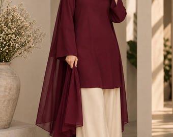 Burgundy Palazzo Suit Set for Women, Cream Wide Leg Pants, Modern Indian 3 Piece Outfit, Modest Salwar Kameez, Wedding Guest Wear
