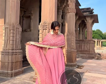 Anarkali Gown Party Wear Pink Sequin dupatta Wedding Suit for Woman&#39;s Custom Stitched Designer Made to order  Indian Long Dress for Girls