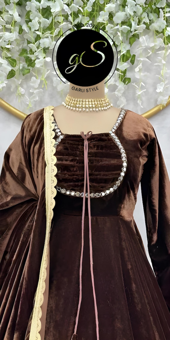Handmade Velvet Anarkali Gown: Mirror Lace Wedding Suit, Custom Stitched