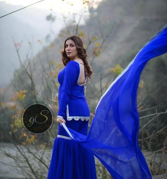 Handmade Blue Georgette Sharara Dress: Custom Punjabi Suit