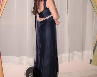 Elegant Black Silk Saree: Hand-Detailed Designer Saree with Stitched Blouse