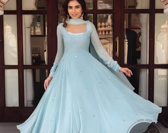 Party Wear Anarkali Gown sky  blue Hand-made mirror work Wedding Suit for Woman&#39;s Custom Stitched Designer Indian Long Dress for USA Girls