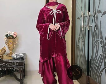 Designer Velvet kameez silk Farsi Salwar Suit Punjabi Patiala Suit Custom-Made Farsi Salwar Kameez Pakistani Suit Bridal & Festive Wear