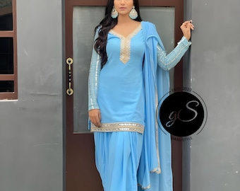 Hemelsblauw zijden punjabi-pak: gepersonaliseerde Patiala Salwar Kameez