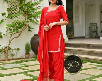 Designer Red Patiala Salwar Kameez: abito in georgette di pizzo dorato