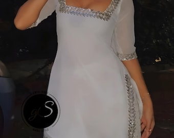 Handmade Designer white Punjabi Patiala Suit mirror trims , brocade Salwar Kameez dupatta  Suit- Custom-Made Suit for Women and Girls wear