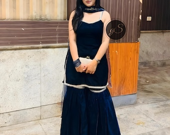 Handmade Mirror Designer Sharara Suit: Black-Golden Indian Wedding Outfit