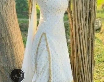 Custom White Brocade Salwar Kameez with Golden Trims, Punjabi Wedding Party Suit