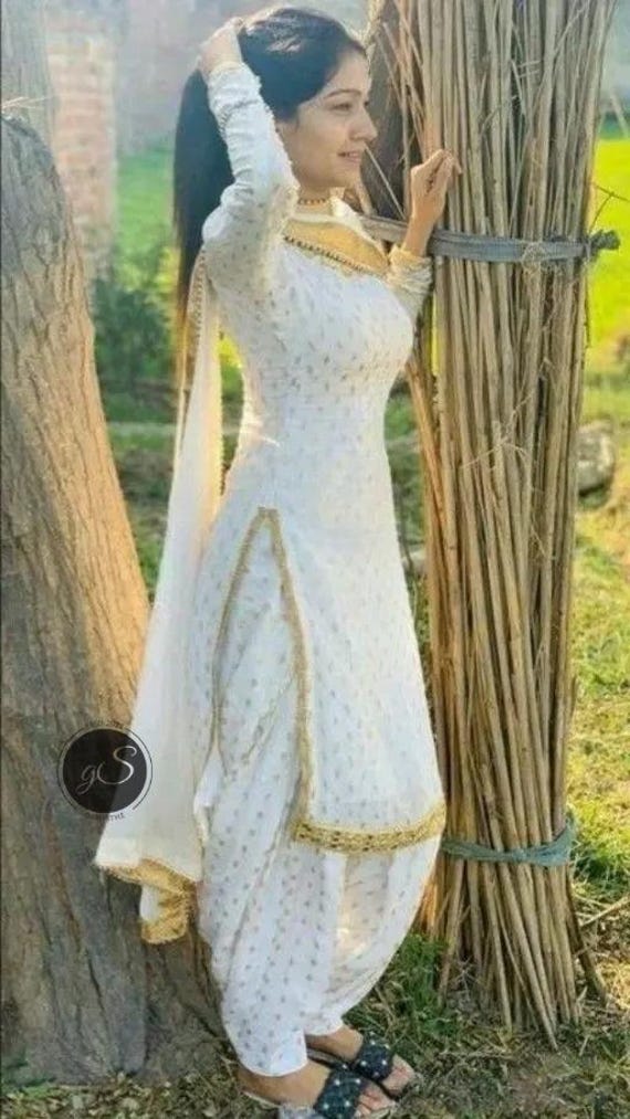 Designer White Salwar Kameez Suit Punjabi Patiala Suit For Women's and Girls Golden Buttes Made To Measure Wedding Party Wear Suit