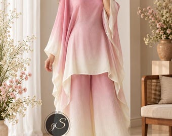Pink Ombre Cotton Palazzo Suit Set, 2 Piece Indian Salwar Kameez Outfit