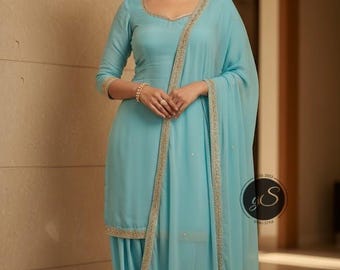 Pakistani Silk Salwar Kameez Suit: Custom Punjabi Dress with Trims