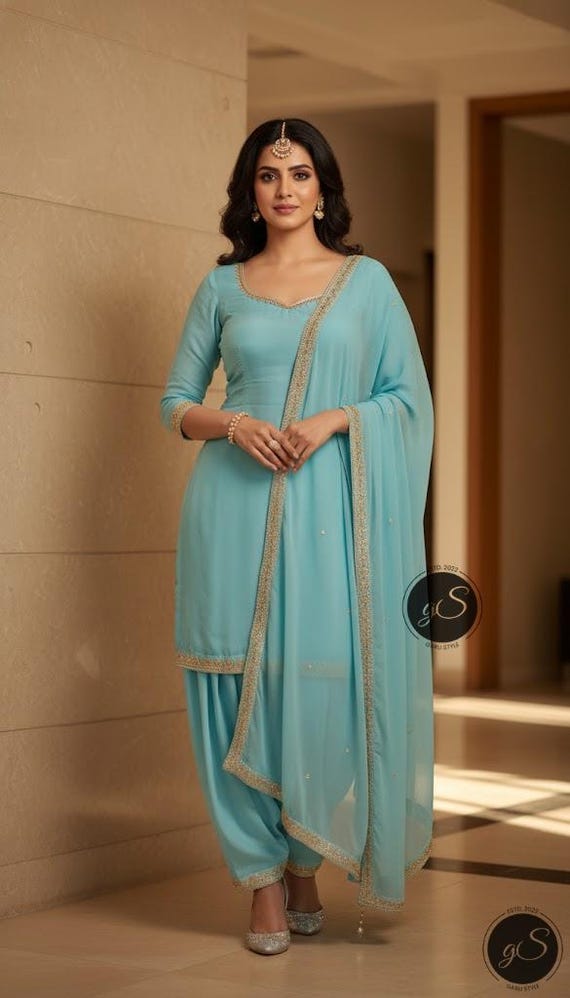 Pakistani Silk Salwar Kameez Suit: Custom Punjabi Dress with Trims