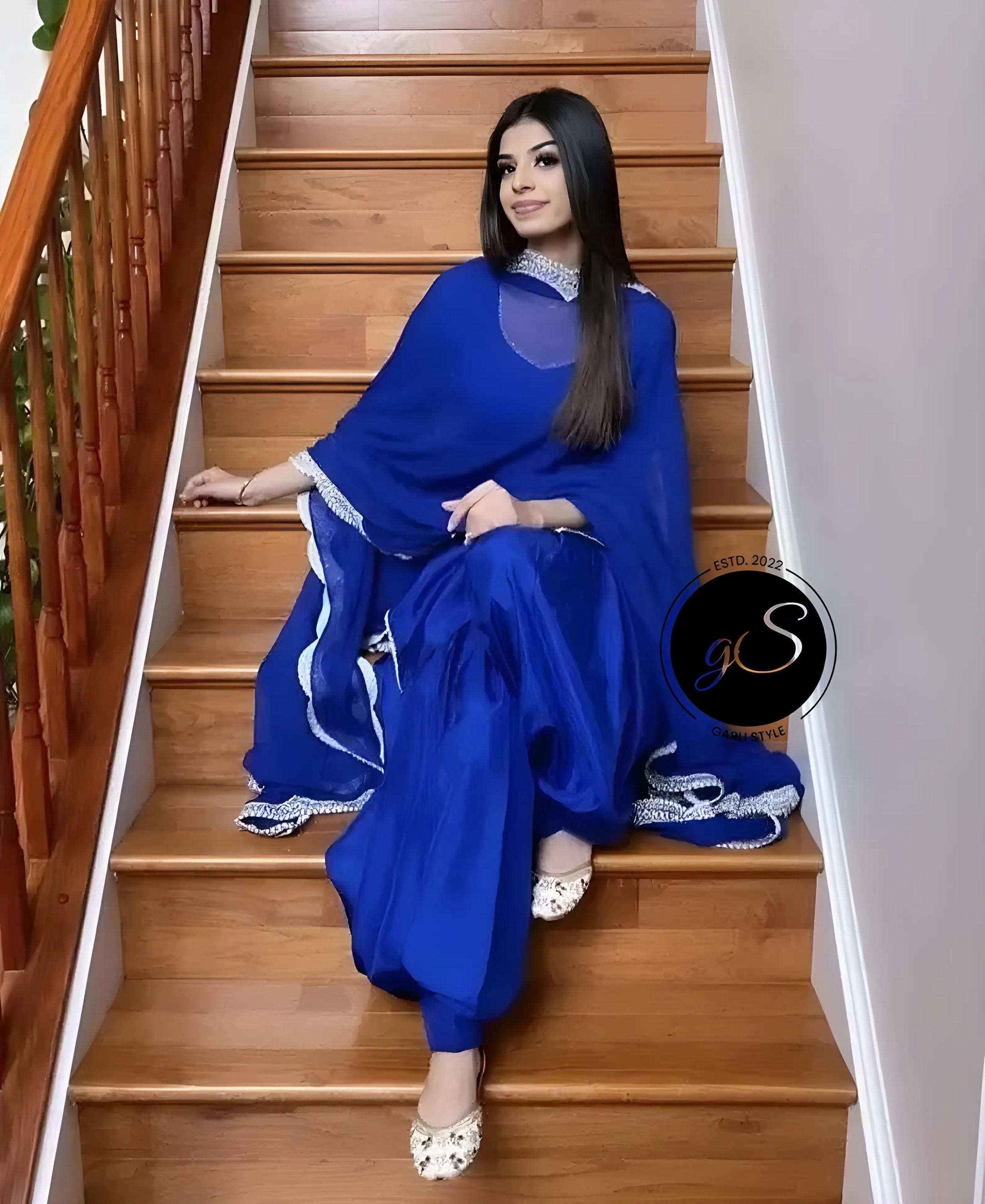 punjabi dress style for ladies Handmade Blue Crepe Silk Suit: Patiala Salwar Kameez SHI-WJ