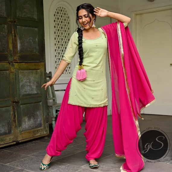 Custom Punjabi Suit: Green & Pink Georgette Embroidered Salwar Kameez Custom Punjabi Suit: Green & Pink Georgette Embroidered Salwar Kameez