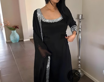 Custom-Made Black Georgette Churidar Suit: Silver Mirror Trim Punjabi Suit