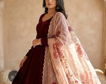 Maroon Velvet Anarkali Suit, Hand-Embroidered Organza Dupatta, Indian Wedding Gown