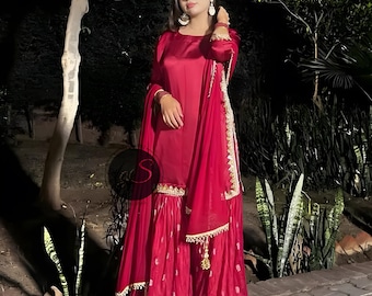 Handmade Red Silk Sharara Suit: Bollywood Party Dress with Dupatta Pakistani suit for guest wedding